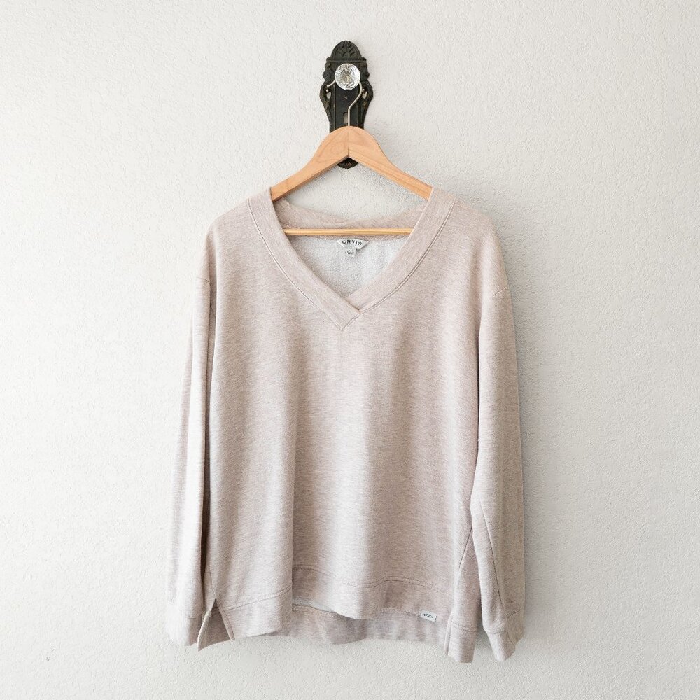 Orvis Womens Large Modal Blend V Neck Sweatshirt Oatmeal Beige Heather Pullover